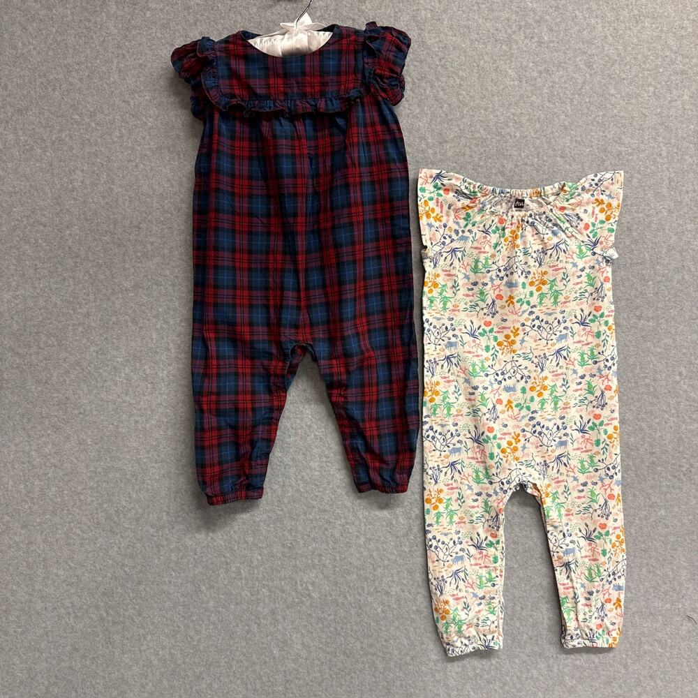 Tea Collection Bundle of 2 Plaid Floral One Piece Romper Jumpsuits Baby 18-24M